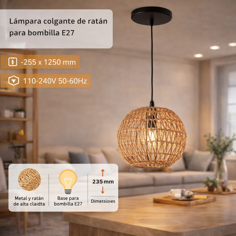 Lámpara Colgante de Rattan Madera  1XE27 255x1250mm Elegancia Natural