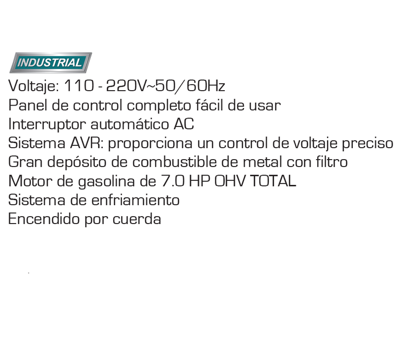 Generador gasolina Total 110V-220V 60Hz 7.0 HP. 3000 W (RPM):3600. inicio de cuerda. Motor de 4 tiem