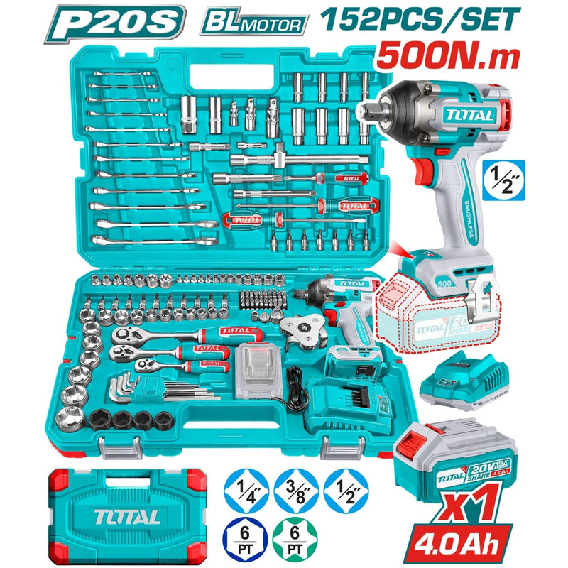 Combo del mes Total 20V Llave de Impacto Dado Cuadrado 1/2" 500Nm.  Set de Herramientas 152 piezas.  Batería 4.0Ah y Cargador POCAS UNIDADES.