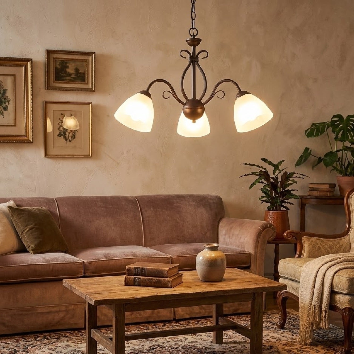 Lámpara Colgante Café 3XE27, Metal y Vidrio de Alta Calidad, 580x770mm