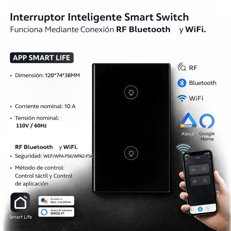 Interruptor inteligente smart switch funciona mediante conexión RF Bluetooth y Wifi. color negro