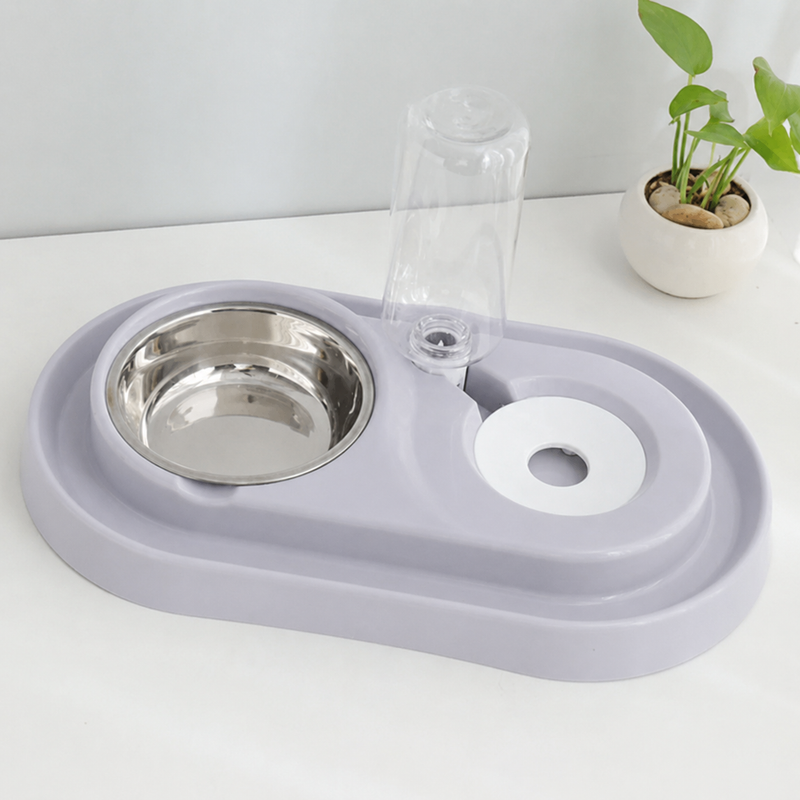 Tazón doble de agua y alimento para mascotas con base y soporte de plastico. Color Gris