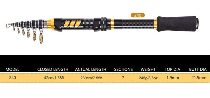 Caña de pesca telescópica 2.4 m fibra carbono