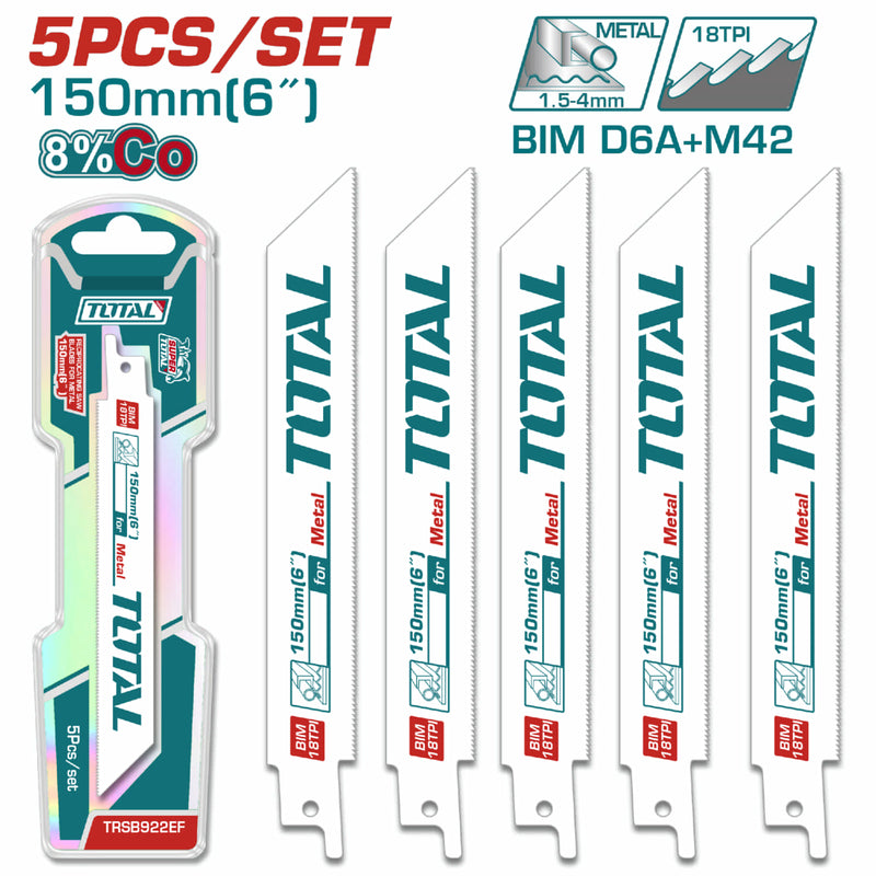 Hojas de sierra sable para metal 6" 18 TPI Set de 5 piezas.