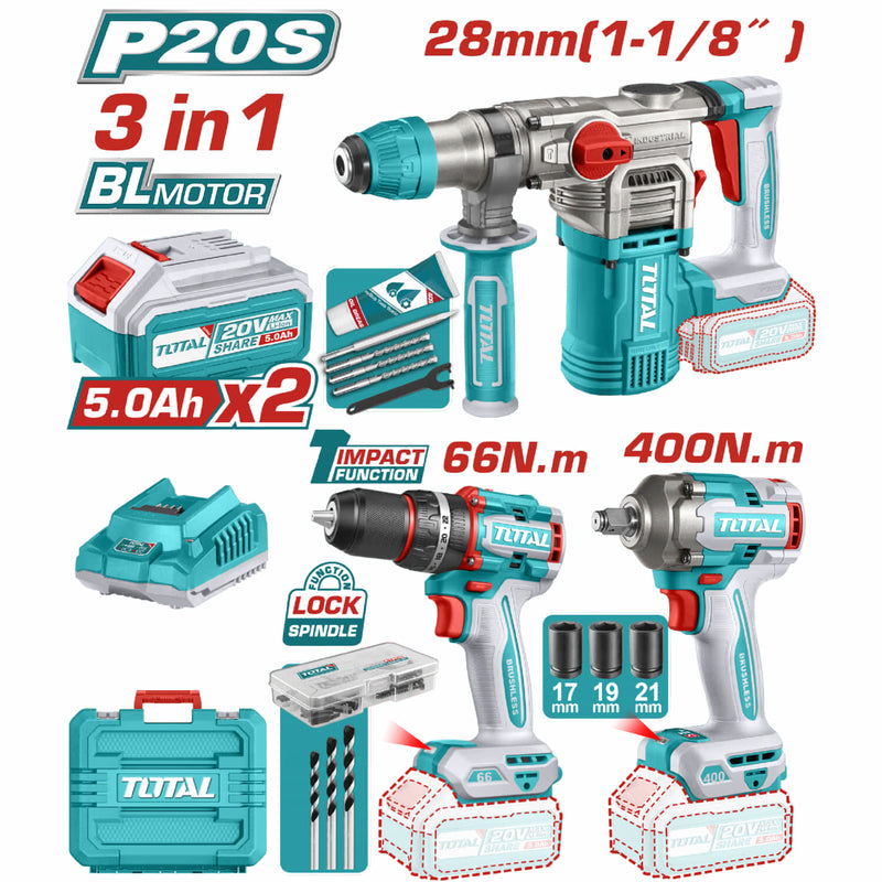 Combo del Mes Total 20V Martillo 930 rpm. Llave de Impacto 1/2"   550Nm Taladro de Impacto 66Nm. Incluye Batería y Cargador. COMBO POCAS UNIDADES.