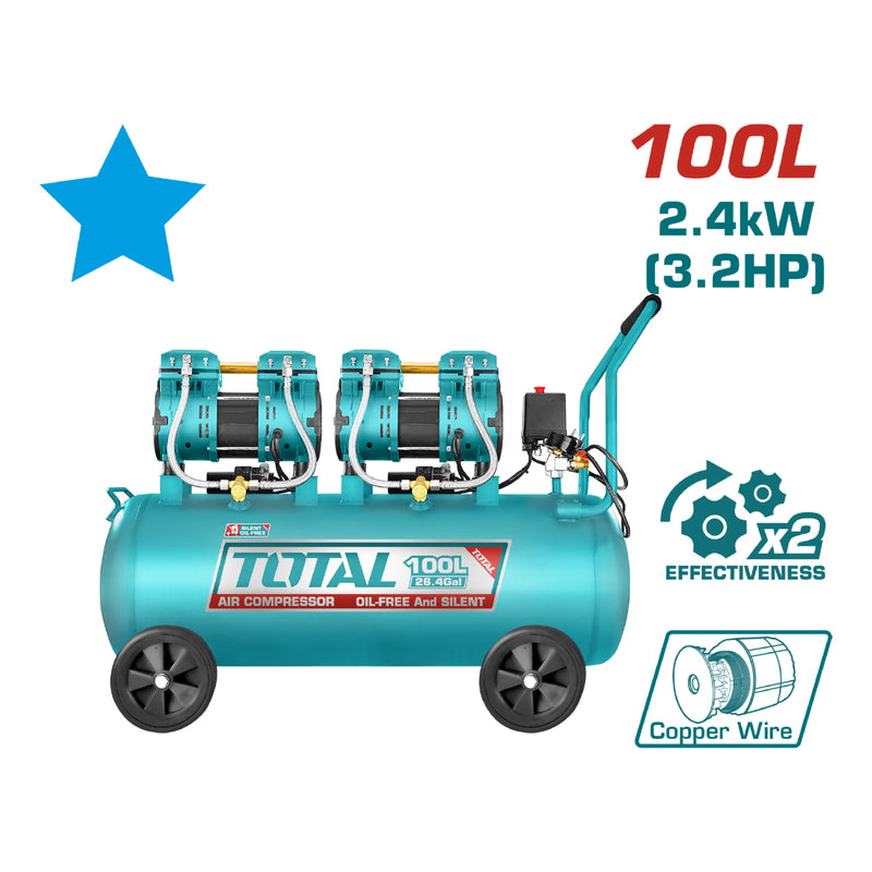 Compresor sistema de correa, 100L(26.4Gal) 2x1200W (3.2HP) Sistema sin aceite. Ruido: 75db