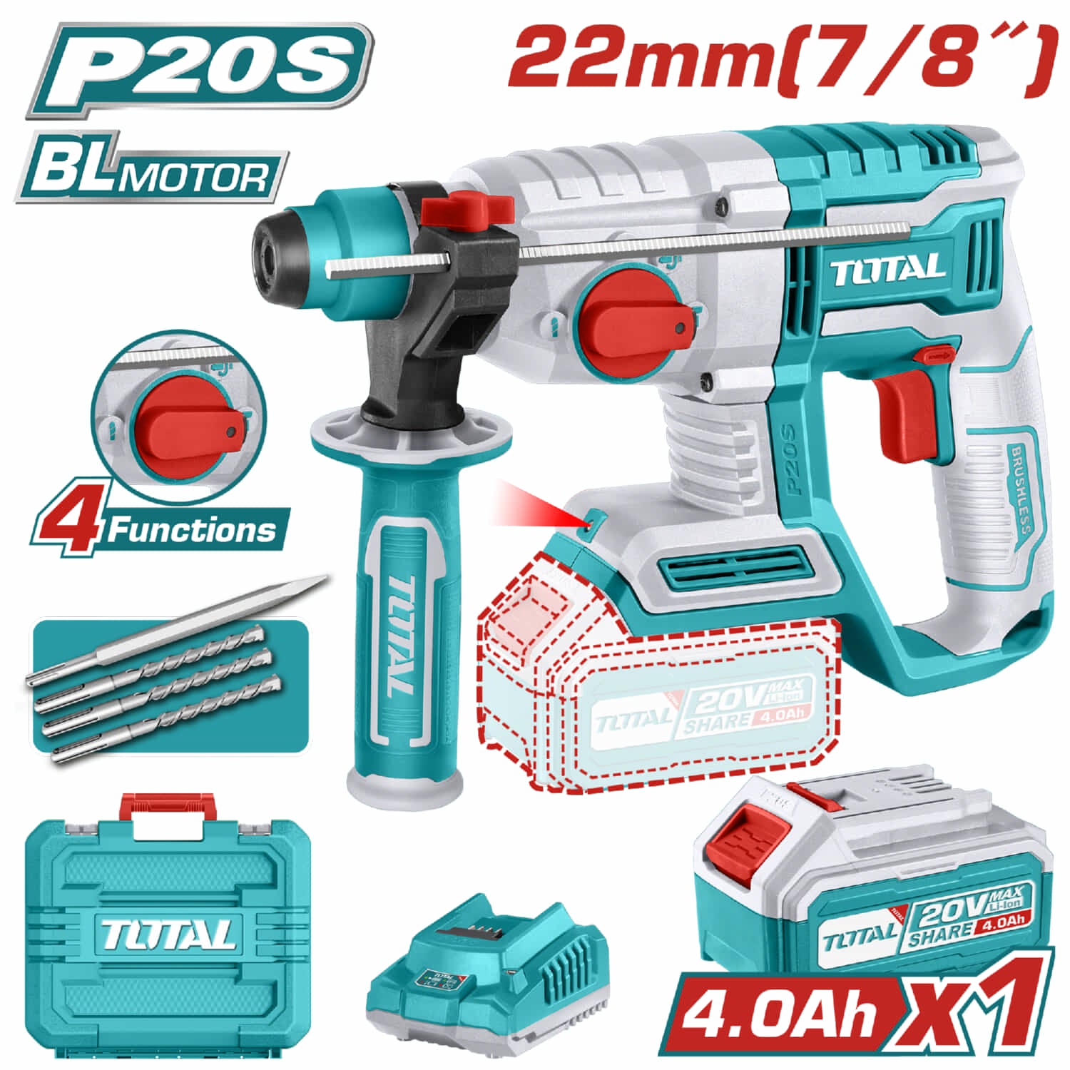 Taladro Rotomartillo 20V con Motor sin Escobillas 5400bpm Perfora 22mm en Concreto. Incluye Brocas, batería y cargador. Martillo Rotativo Demoledor.