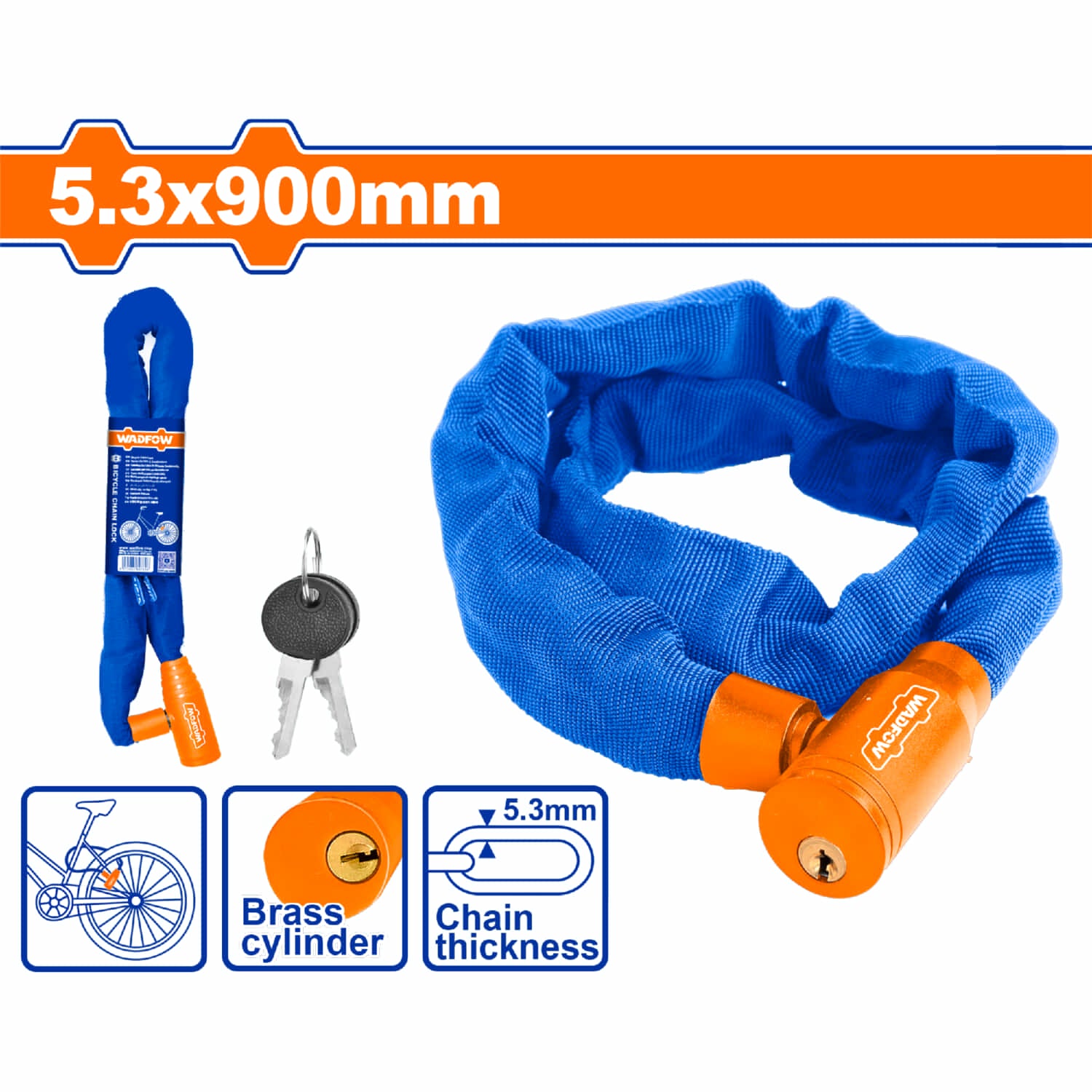 Candado de cadena de bicicleta 5.3x900mm recubierto con funda de tela. Incluye 2 llaves.