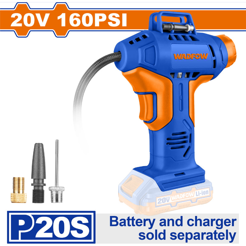 Compresor de Aire Automático 20V 160PSI 11Bar. Trae adaptadores. Batería y cargador por separado. Inalambrico