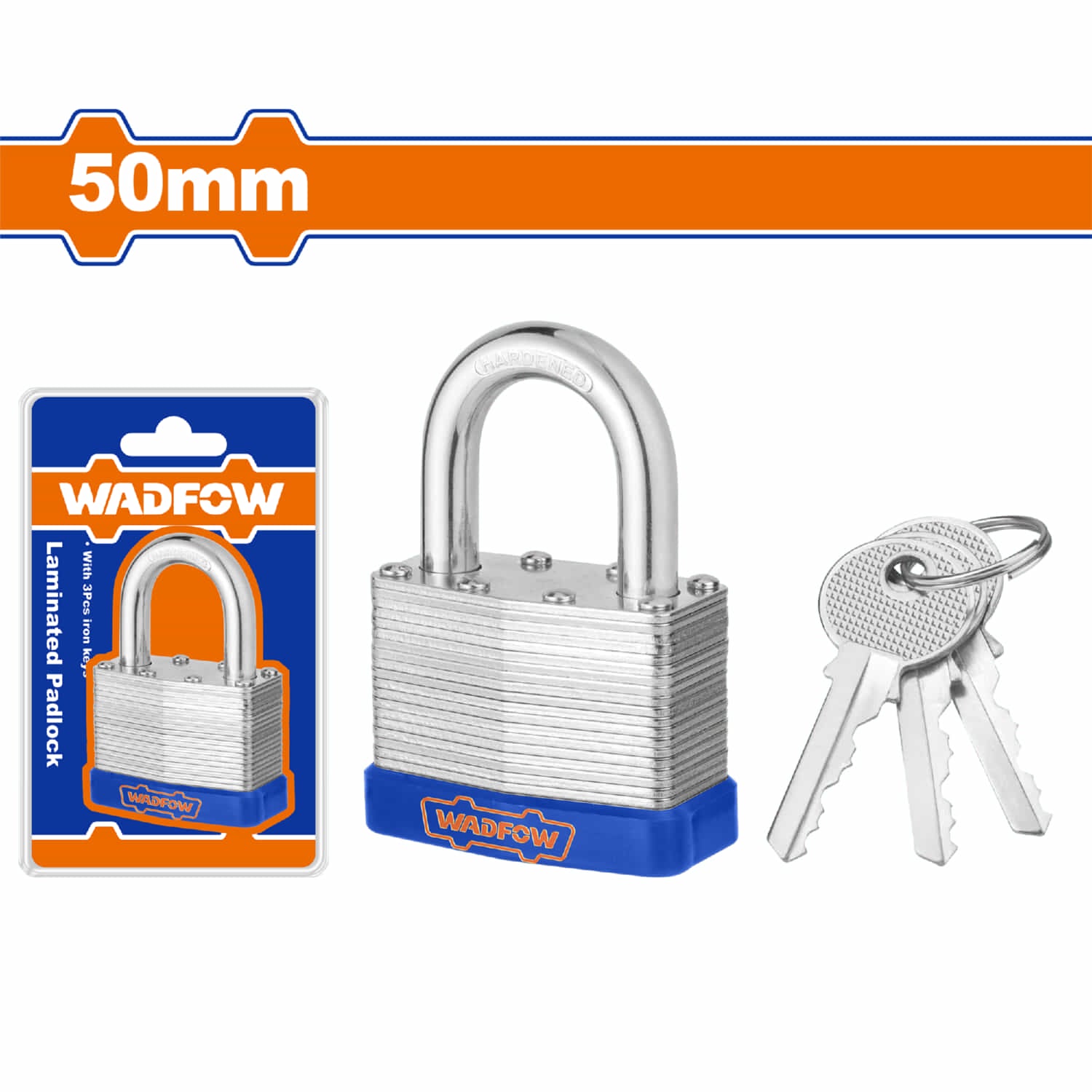Candado laminado corto 50mm. Carcasa ABS. Cilindro de latón. Incluye 3 llaves.
