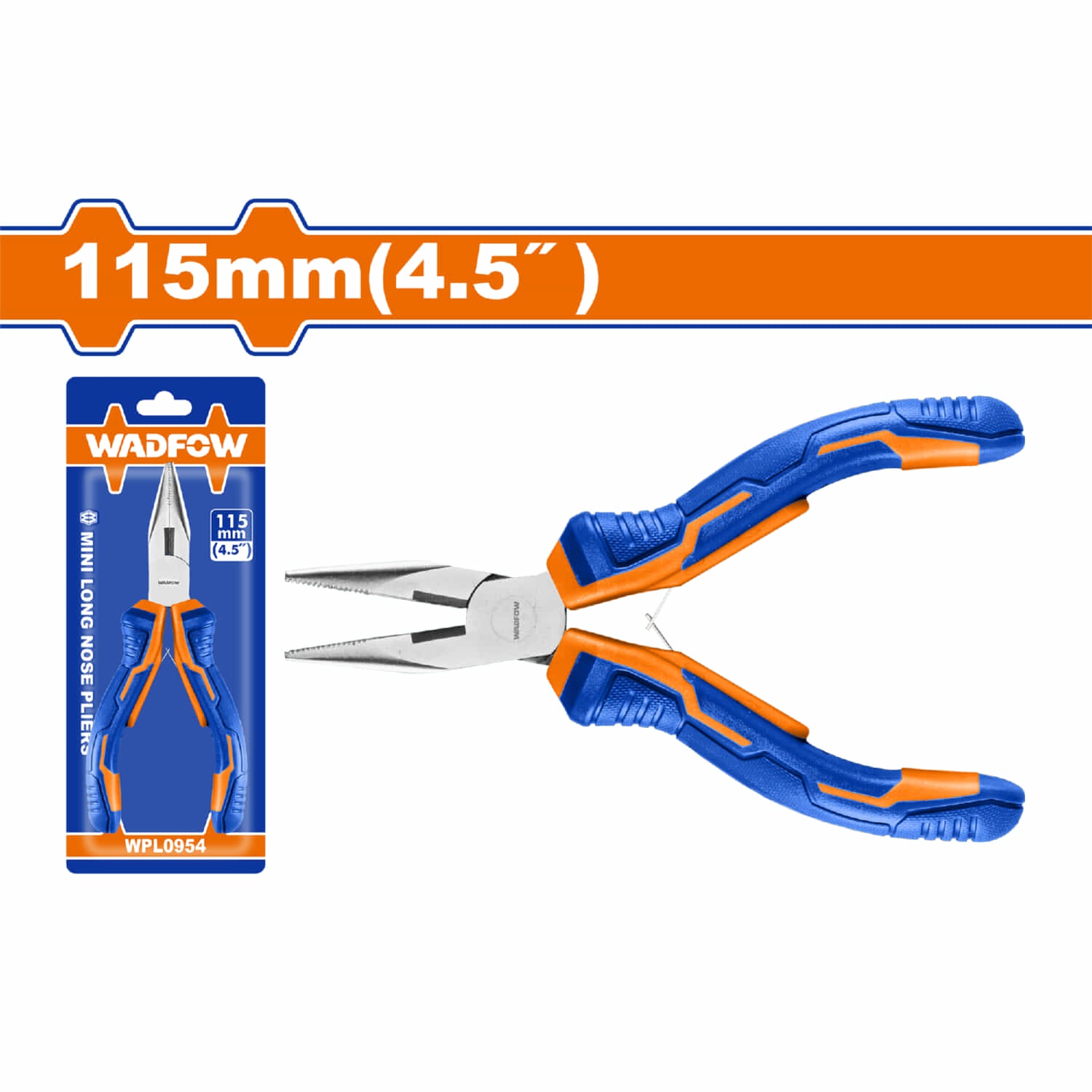 Mini Alicate punta larga 115mm(4.5") Pulido y antióxido. Con mango de plástico.