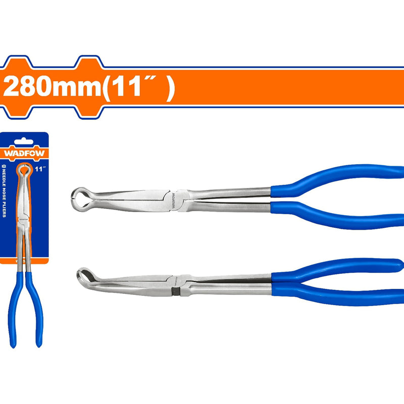 Alicate largo punta de aguja 280mm(11") Pulido y antióxido. 1/2" diámetro. Con mango de plástico.