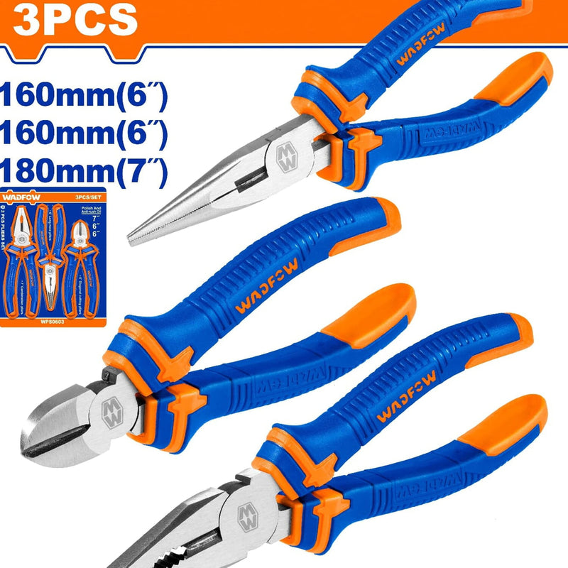 Alicates de 3 piezas combinado 7", punta larga 6", corte diagonal 6". Pulido y antióxido.