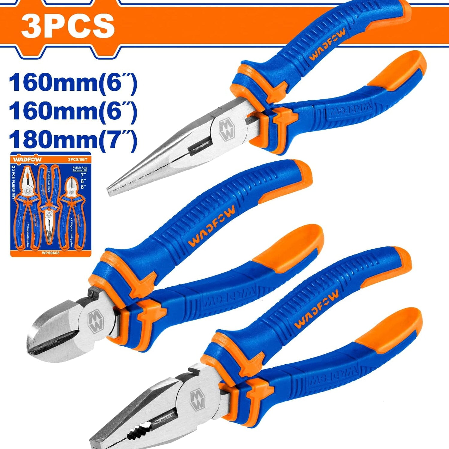 Alicates de 3 piezas combinado 7", punta larga 6", corte diagonal 6". Pulido y antióxido.