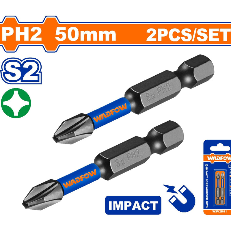 Puntas de destornillador de impacto PH2 50mm. S2. Set de 2 pzas. Punta magnética. Tipo Phillips.