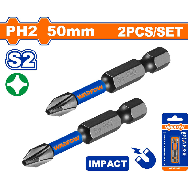 Puntas de destornillador de impacto PH2 50mm. S2. Set de 2 pzas. Punta magnética. Tipo Phillips.
