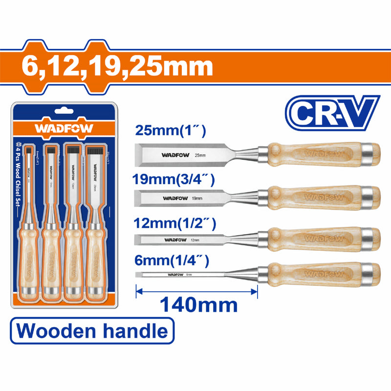 Cinceles de madera 6,12,19 y 25mm. Mango de madera. 140mm. Se vende en set de 4 pzs.