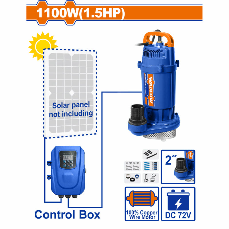 Bomba sumergible solar 72V 1100W (1.5HP) 36m Flujo 266L/min No incluye el panel solar.