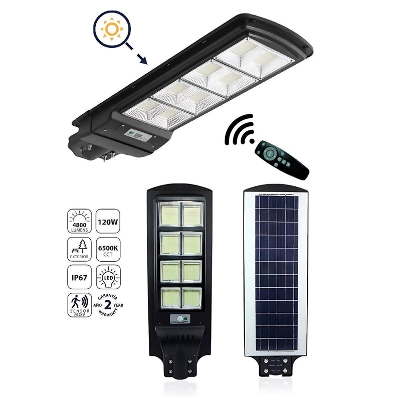 Lámpara Solar LED 120W  de Calle 4800lm 6500K Fría, Sensor Movimiento, Sostenible. Luminaria