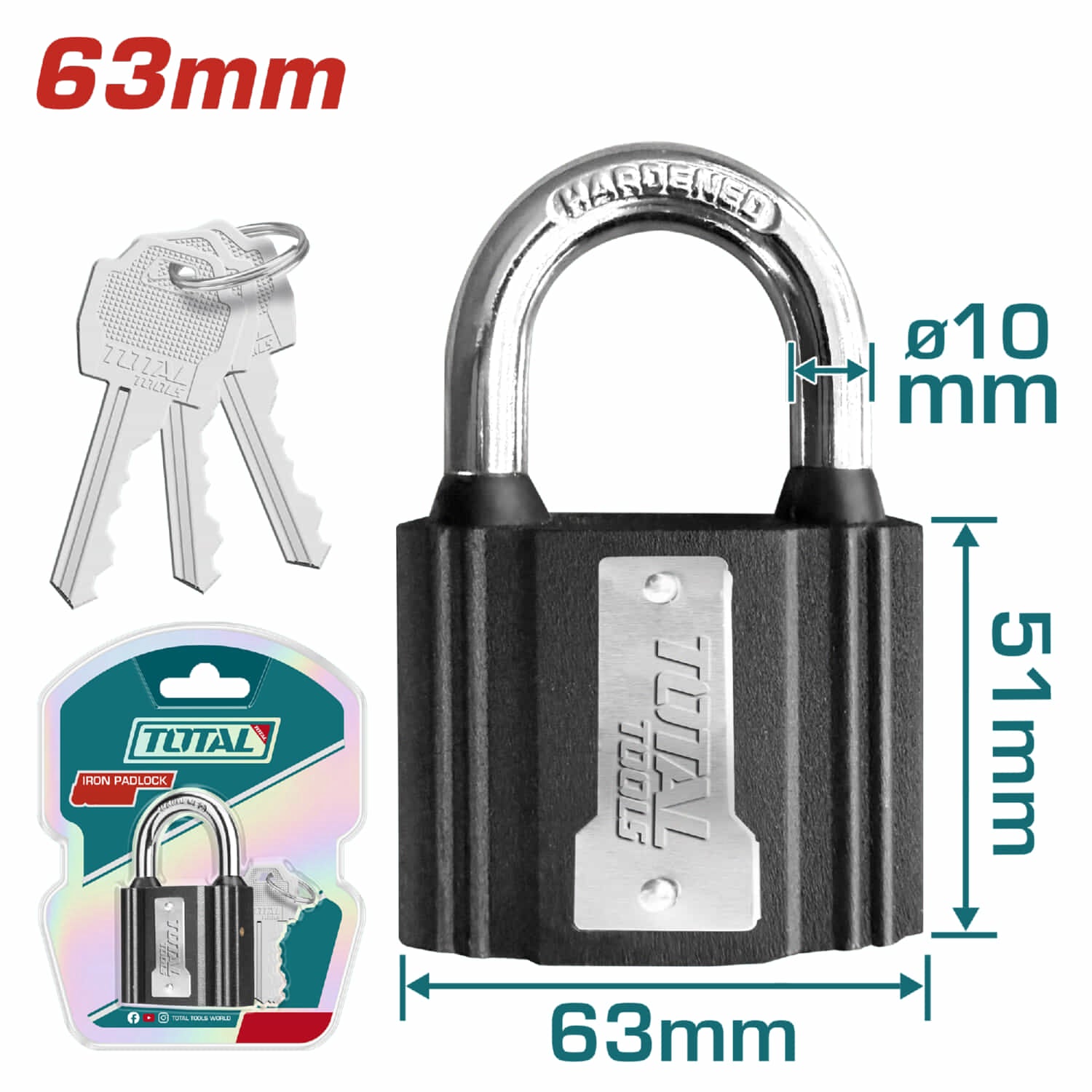 Candado corto de hierro 63mm. Con cubierta de goma impermeable. Incluye 3 llaves.