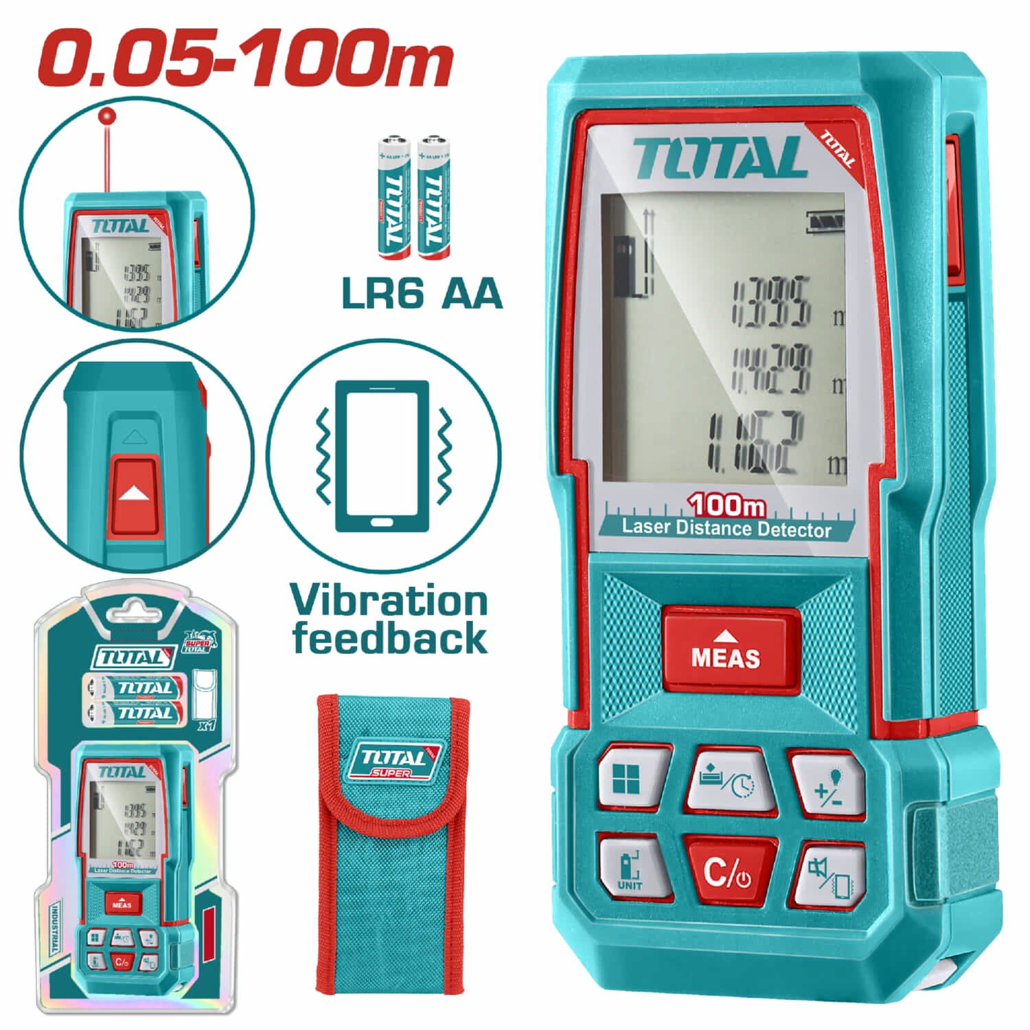 Medidor laser rango 0.05-100m. Precisión de medición: ±2.0mm Tipo de láser: 635 nm, <1 mW, Clase 2 Temperatura de funcionamiento: 0°C ~ +50°C Función medición única. Monitor láser.