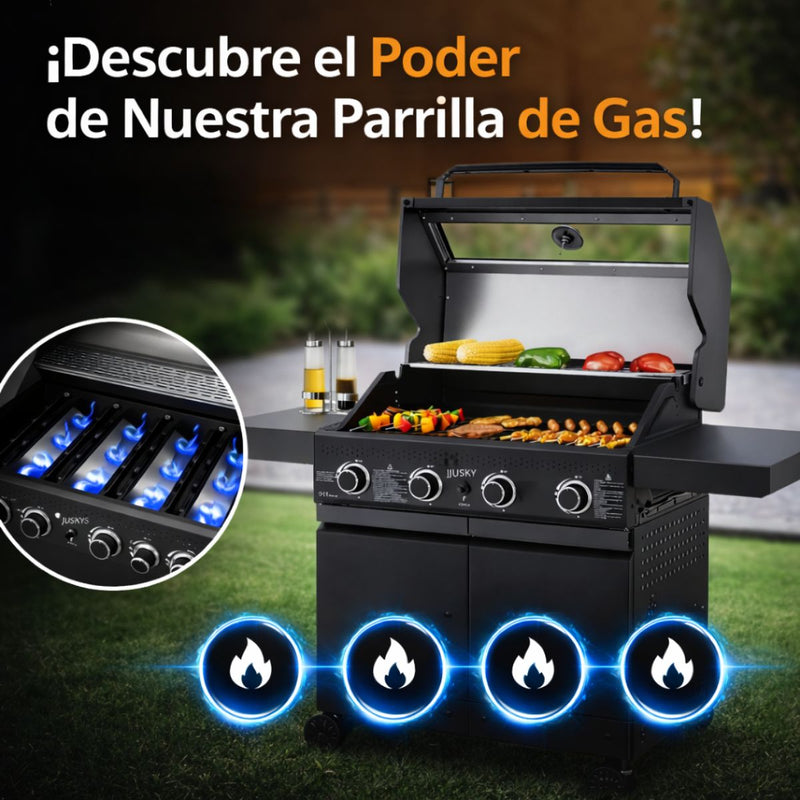 Parrilla BBQ de Gas con Ventana de Vidrio 122x45x116cm de Hierro con 4 Quemadores. Asador a Gas