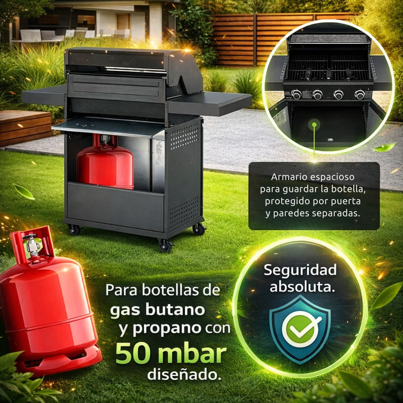 Parrilla BBQ de Gas con Ventana de Vidrio 122x45x116cm de Hierro con 4 Quemadores. Asador a Gas
