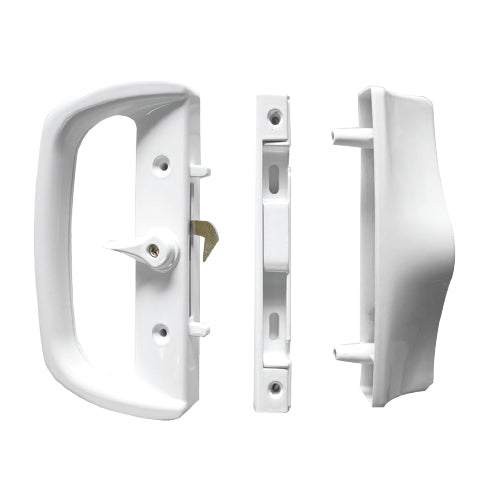 Cerradura-tirador blanco para puertas correderas de aluminio. Con cilindro y 2 llaves.