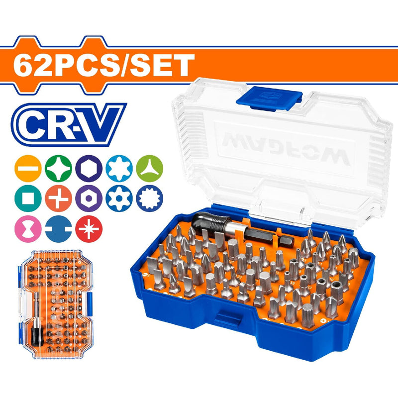 Puntas para destornillador 25mm. Cr-V. Diversos modelos. Incluye 1 soporte de liberación. Juego de 62 piezas.