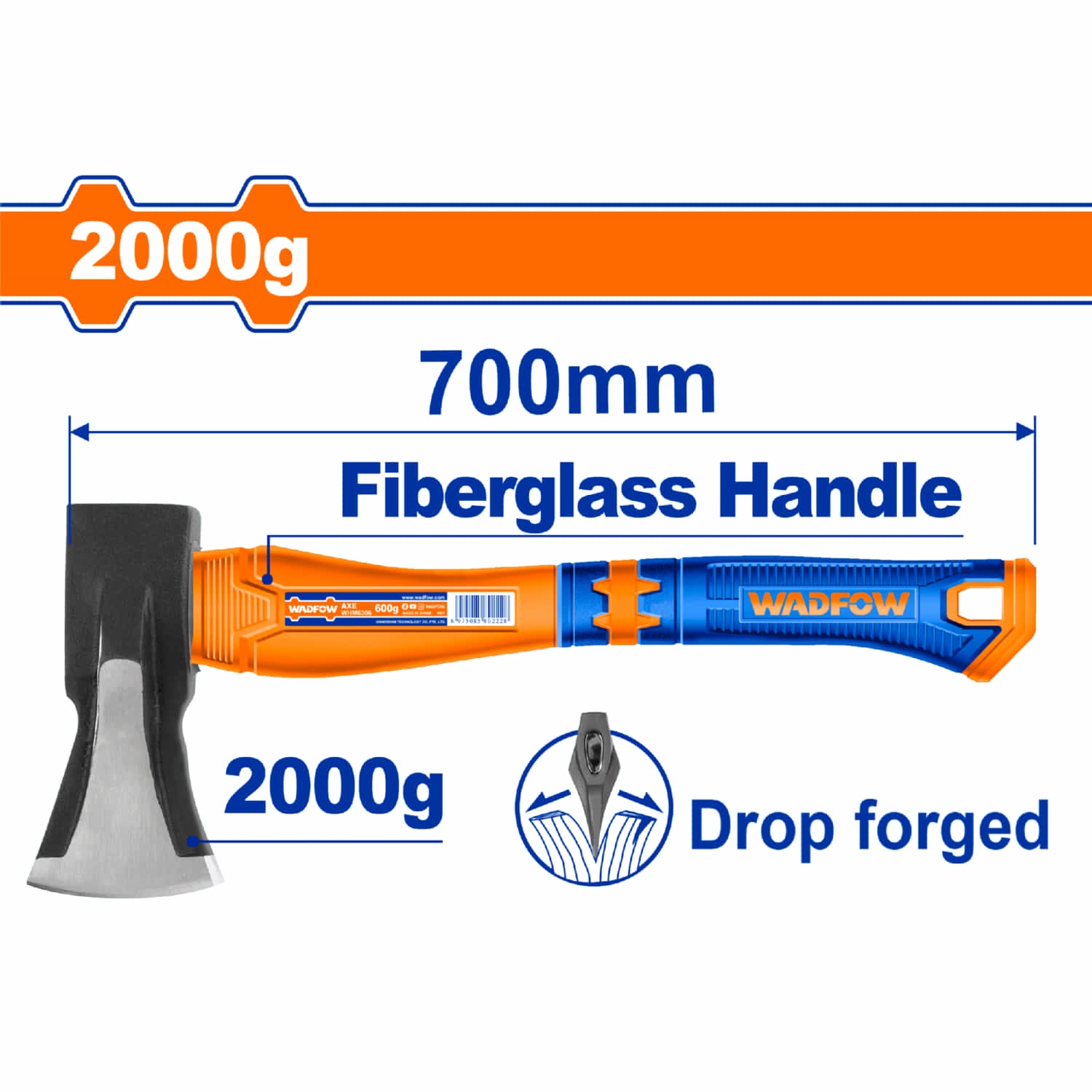 Hacha Avión. Mango fibra de vidrio. Forjada a golpe. 2000g Acero al carbono #45. Long: 700mm.