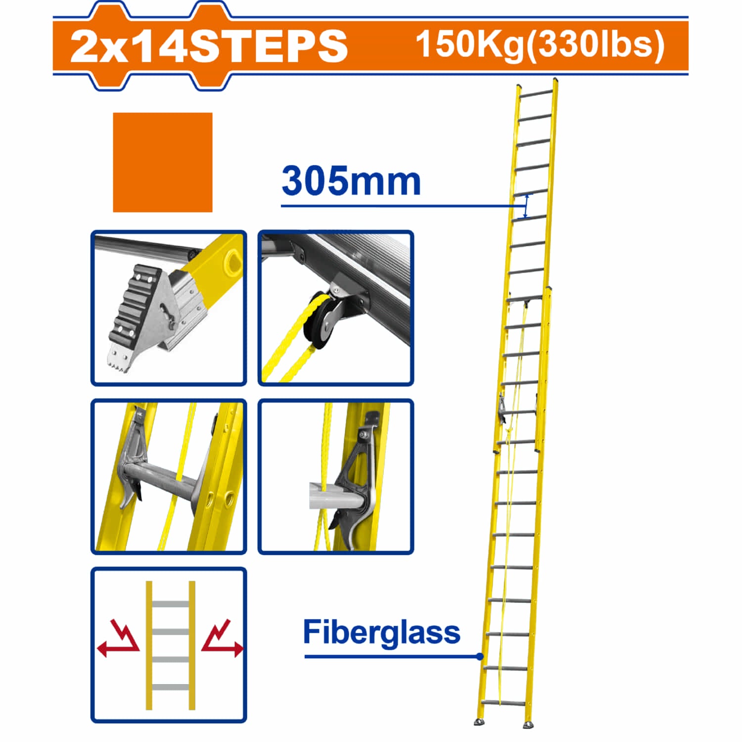 Escalera Extensible 2x14 de fibra de vidrio. Carga Máx. 150Kg Altura escalón 305mm.