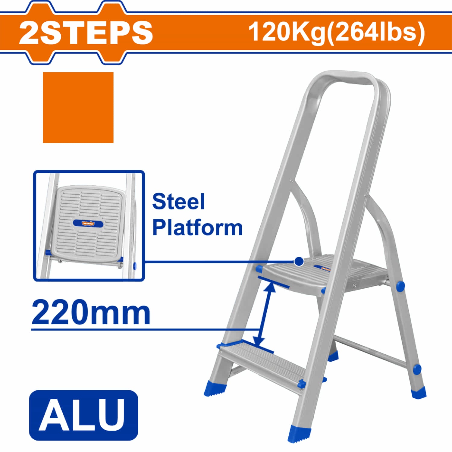 Escalera de Tijera de Aluminio 2 peldaños. Distancia entre peldaños 220mm Resistencia 120kg Alta calidad y durabilidad. Plataforma de Acero.