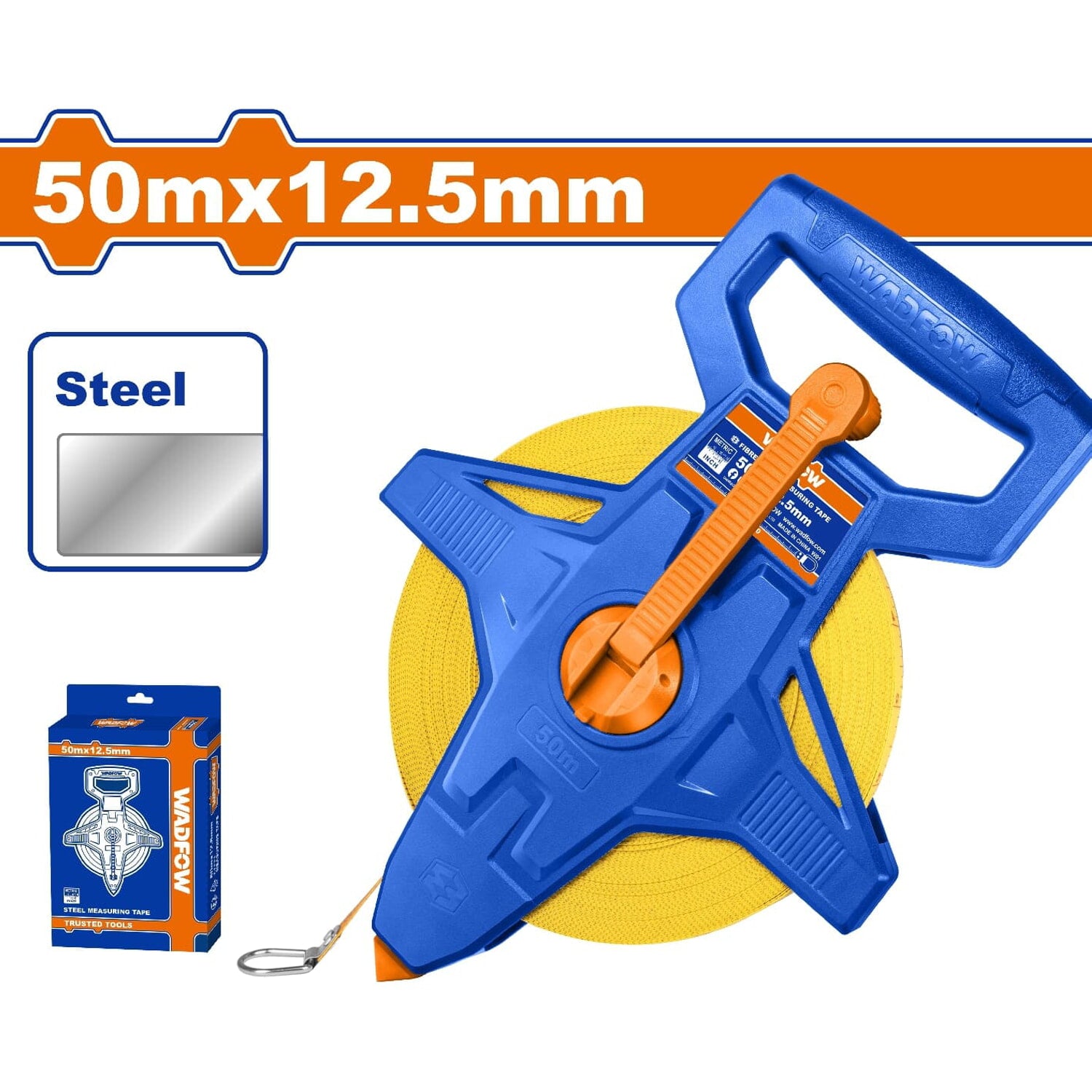 Cinta métrica de Acero (Métrico/Pulgada). 50mx12.5mm. Engranaje retráctil. Mango integrado.