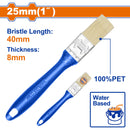 Brocha para pintar 25mm(1"). Cerdas 100% PET. Pintura a base de agua. Long: 40mm. Grosor: 8mm.