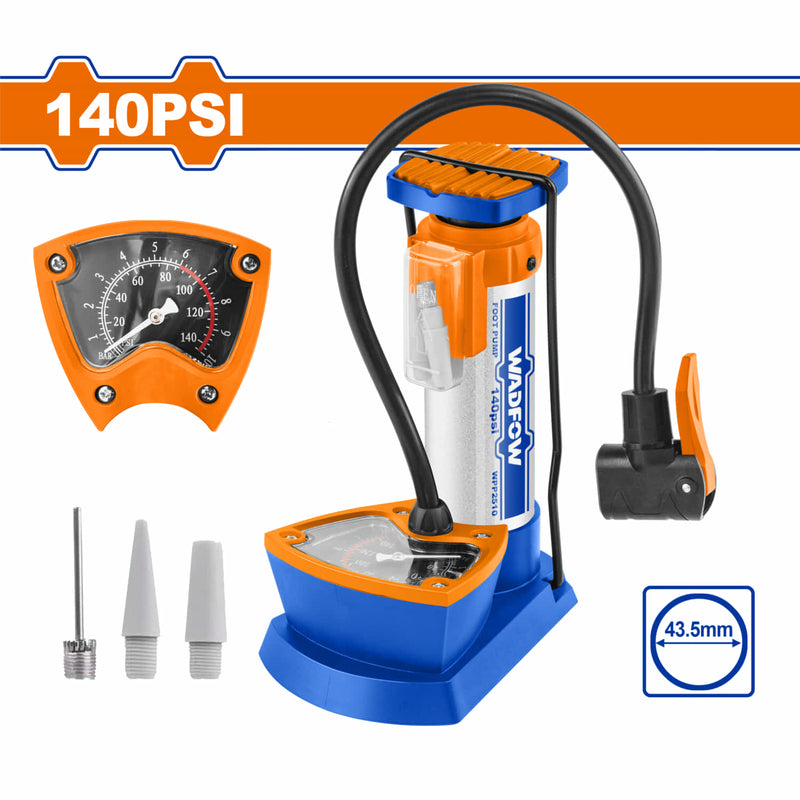 Bomba de Aire 140PSI. φ43.5*183mm. Cuenta con pedal de goma. Se adapta a Schrader, Presta, Dunlop.