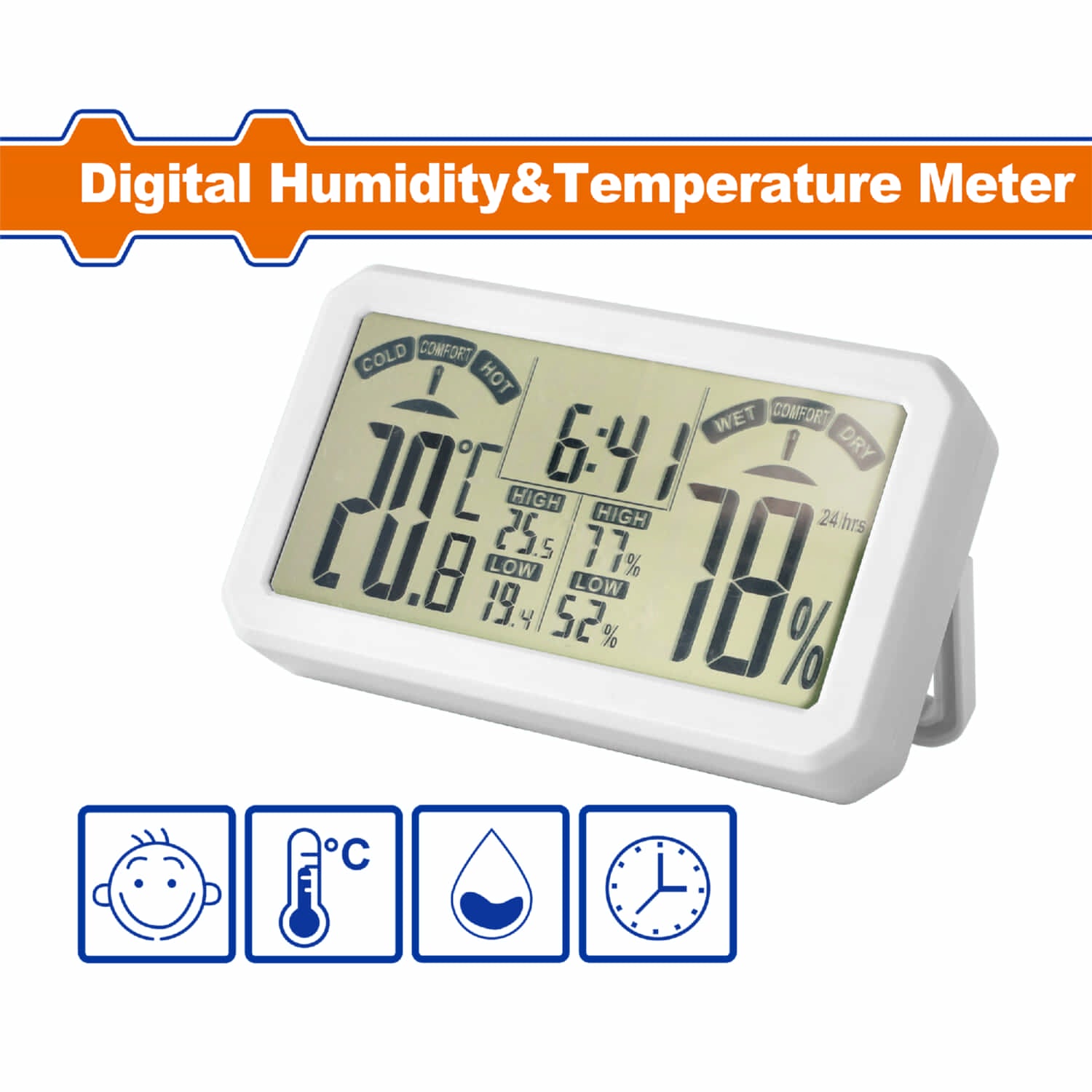 Medidor digital de humedad y temperatura. Función de batería más baja. Visualización de la hora.