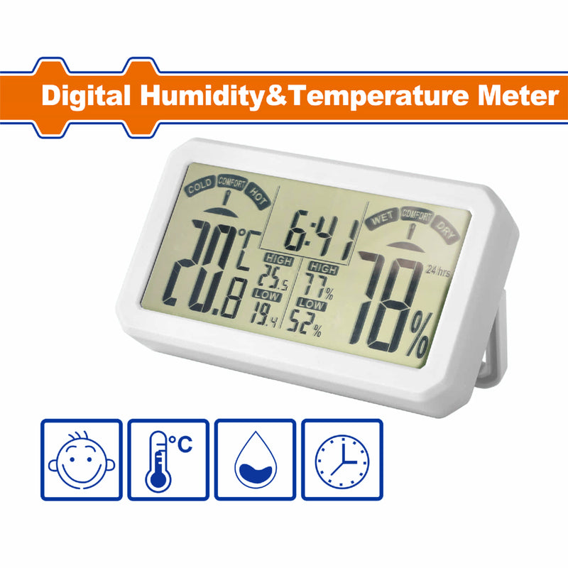 Medidor digital de humedad y temperatura. Función de batería más baja. Visualización de la hora.