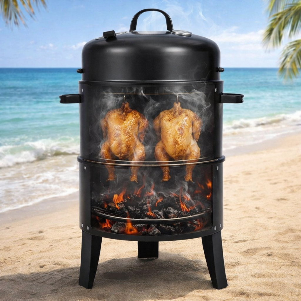 Parrilla Ahumador 3 en 1. BBQ Asador de Carbón Portátil con Termómetro (51×40.5×80 cm) Barbacoa.