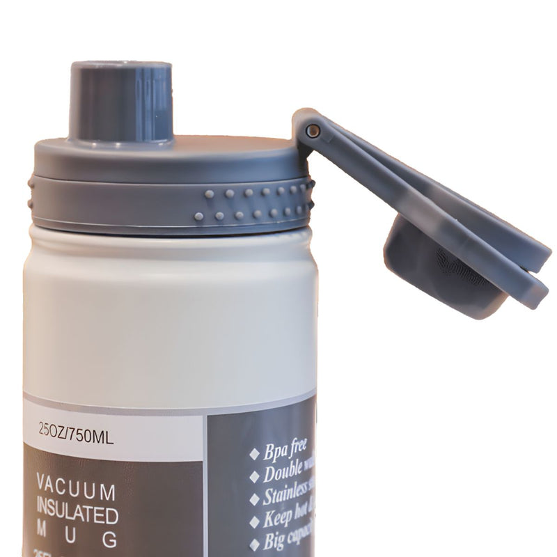 Botella de agua térmica 750ml. Termo blanco de doble pared. Acero inoxidable.