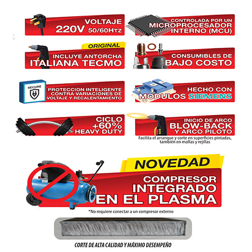 Plasma CUT40 , Corta hasta 10 mm. 40 amp 220Volts 50-60Htz.Con compresor interno integrado(1año)