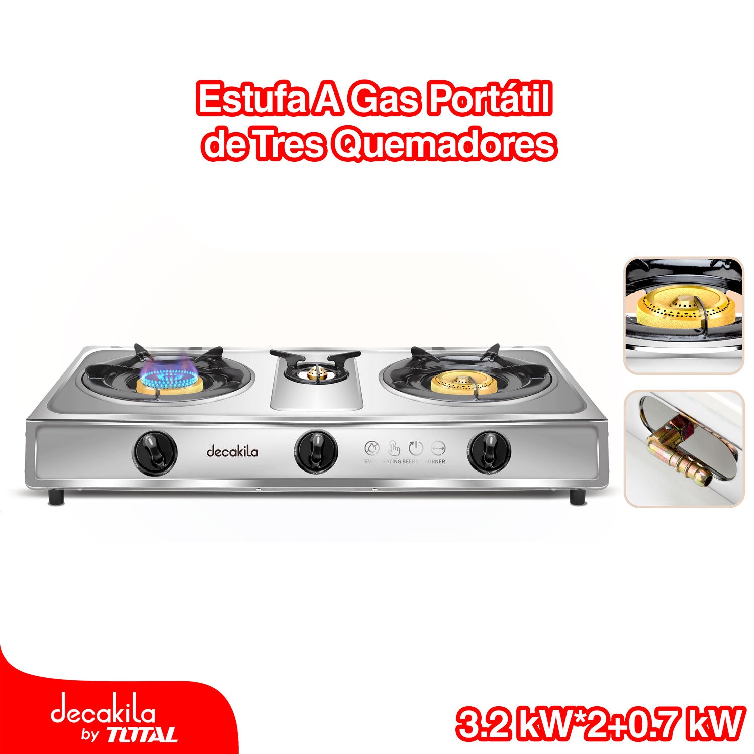 Estufa a Gas portátil de tres quemadores. 3.2Kw*2/0.7Kw Calentamiento uniforme.Encendido automático