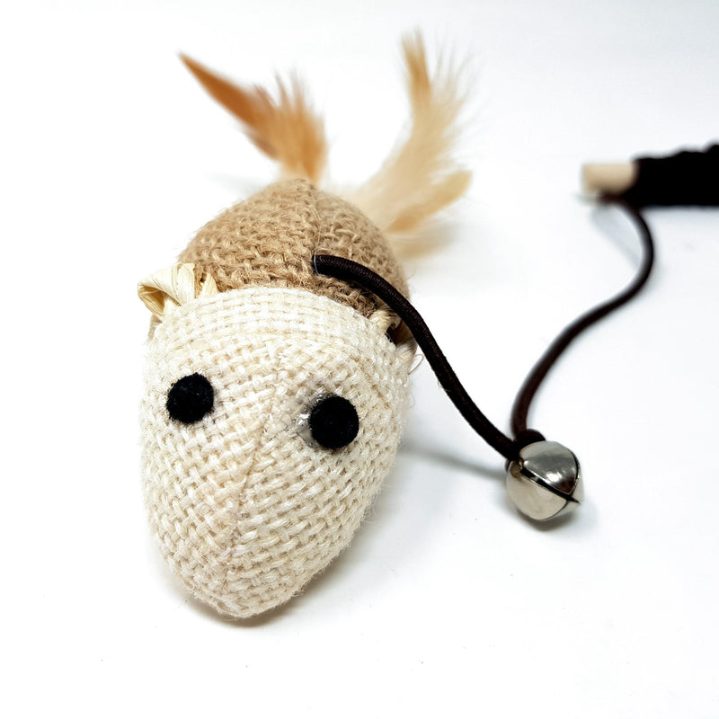 Juguete para Gato juego de varita con pluma y pelota de lino (Raton) incluye cascabel. Tamaño 40cm
