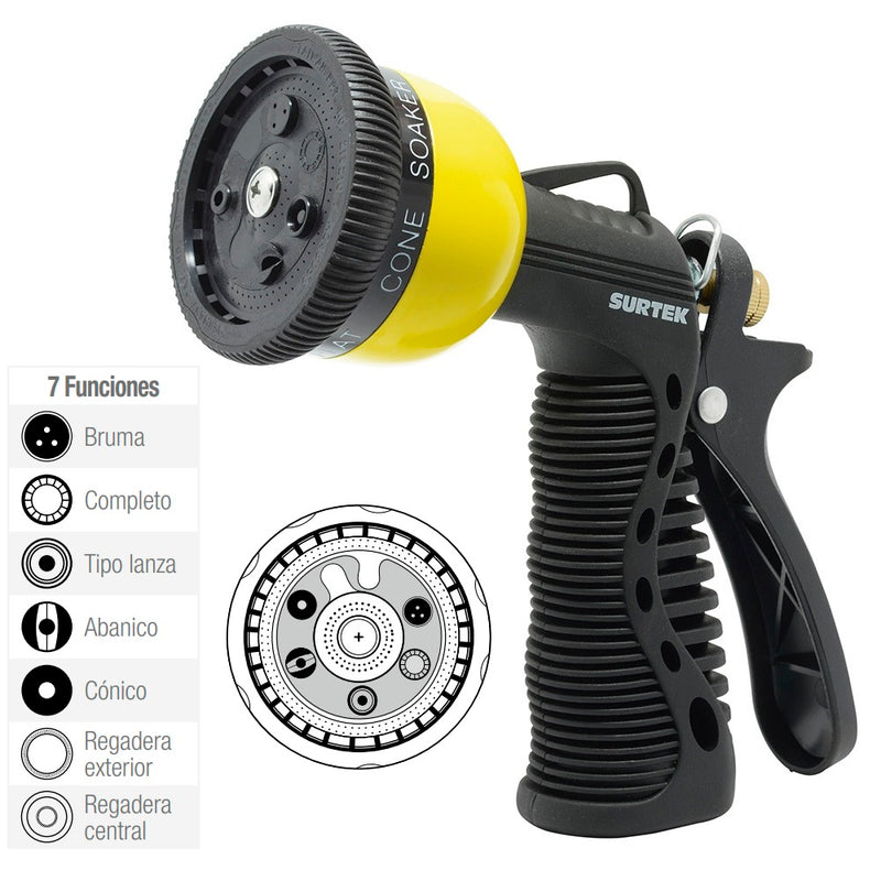 Pistola de riego para mangueras con 7 funciones