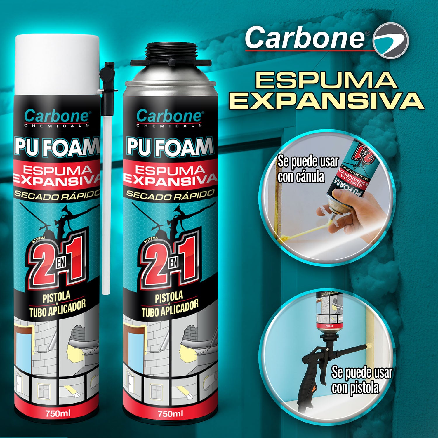 Espuma Expansiva PU Foam Carbone 750 Ml. Curado En 24 Horas. Boquilla dual de rosca para pistola y de tubo aplicador manual 2 en 1