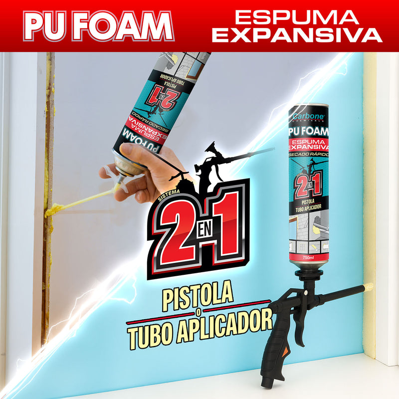 Espuma Expansiva PU Foam Carbone 750 Ml. Curado En 24 Horas. Boquilla dual de rosca para pistola y de tubo aplicador manual 2 en 1