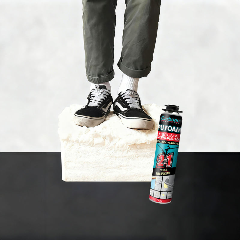 Espuma Expansiva PU Foam Carbone 750 Ml. Curado En 24 Horas. Boquilla dual de rosca para pistola y de tubo aplicador manual 2 en 1
