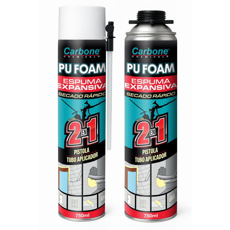 Espuma Expansiva PU Foam Carbone 750 Ml. Curado En 24 Horas. Boquilla dual de rosca para pistola y de tubo aplicador manual 2 en 1