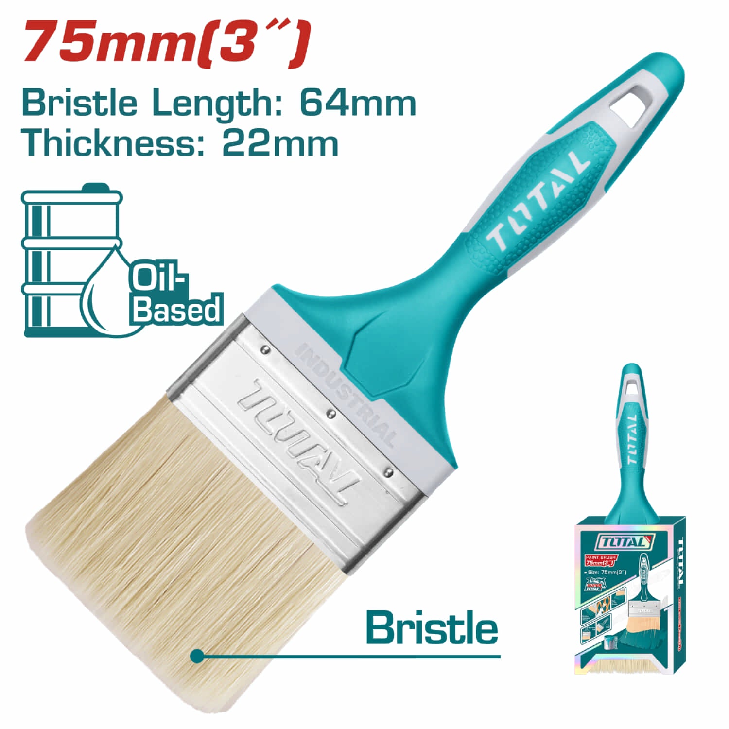 Brocha para pintar 3". Pintura a base de aceite. Largo: 64mm. Espesor: 22mm. Mango de goma.