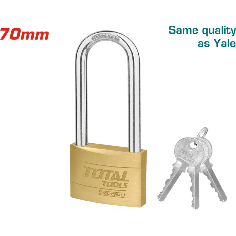 Candado de latón extra largo estándar 70mm. Calidad Yale. Incluye 3 llaves.