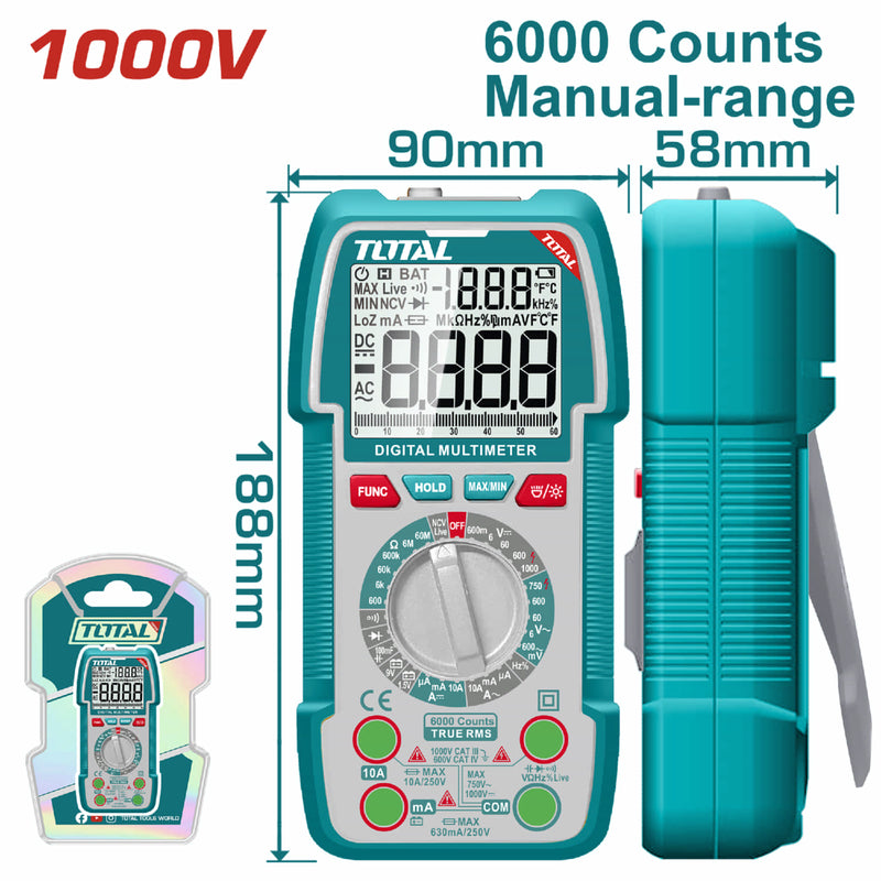 Multímetro digital rango manual de 6000 conteos. Con Retención De Datos. Resistencia 600Ω. Detección de voltaje sin contacto.